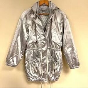 Liz Claiborne Metallic Silver Satin Hooded Puffer Y2K Size Large